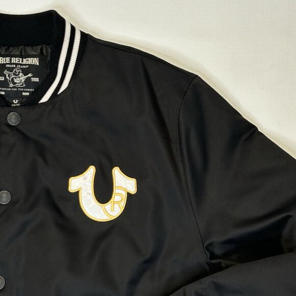 True Religion Jacket Mens 2XL Button Snap Satin Bomber Black Horseshoe Logo - Picture 13 of 16